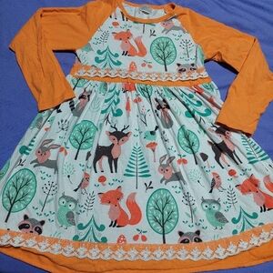 Orange Kids Dress with Forest Animal Print